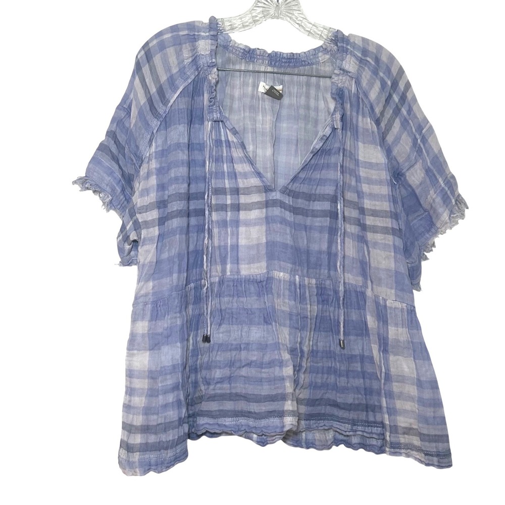 Pilcro Anthropologie Blue Plaid Gauze Babydoll Top Short Sleeve Frayed boho